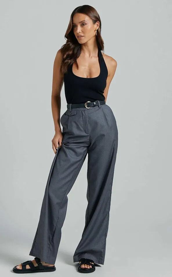 Showpo Romola Trousers 8211 Low Rise Relaxed Pocket Flap Detail Straight Leg Trousers In Charcoal Women Pants