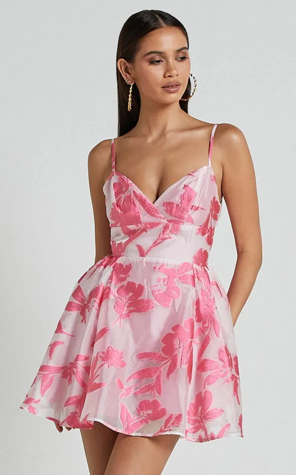 Showpo Romy Mini Dress 8211 Strappy V Neck Fit And Flare Jacquard Dress In Pink Women Dresses Showpo Romy Mini Dress 8211 Strappy V Neck Fit And Flare Jacquard Dress In Pink Women Dresses