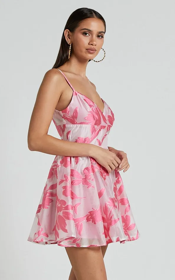 Showpo Romy Mini Dress 8211 Strappy V Neck Fit And Flare Jacquard Dress In Pink Women Dresses