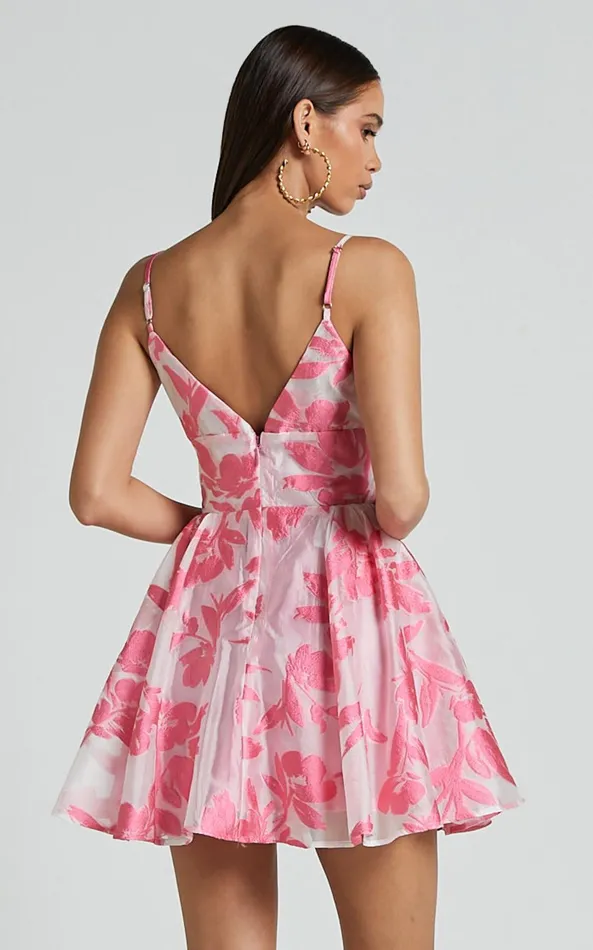 Showpo Romy Mini Dress 8211 Strappy V Neck Fit And Flare Jacquard Dress In Pink Women Dresses
