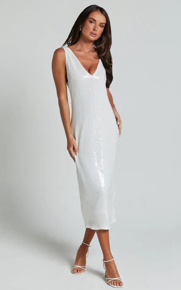 Showpo Rosa Midi Dress 8211 Low Back Sequin Dress In White Women Dresses