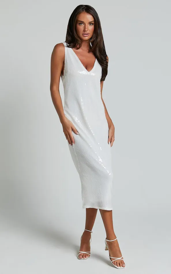 Showpo Rosa Midi Dress 8211 Low Back Sequin Dress In White Women Dresses