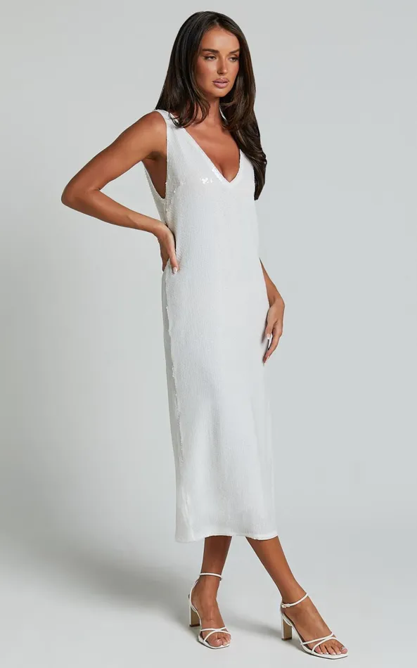 Showpo Rosa Midi Dress 8211 Low Back Sequin Dress In White Women Dresses