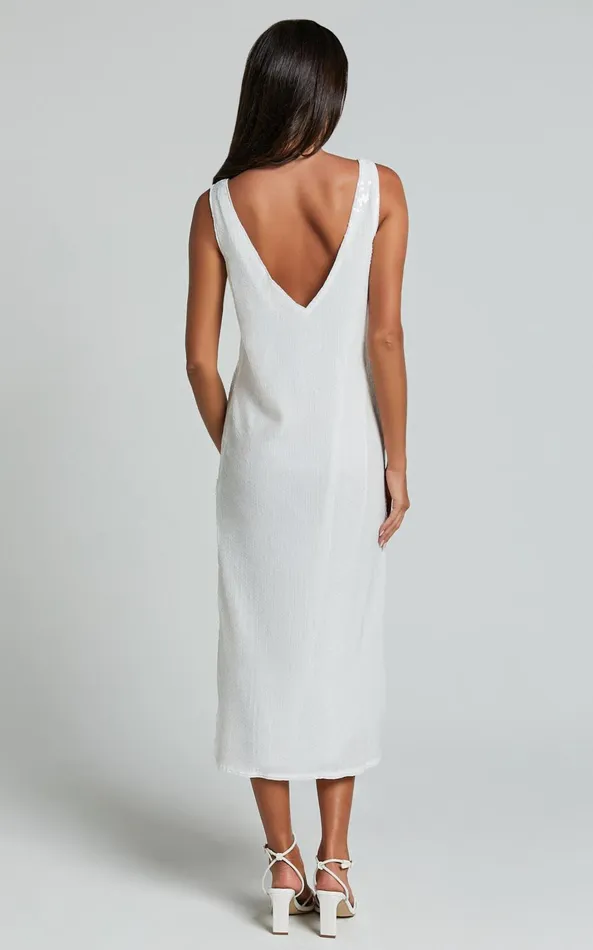 Showpo Rosa Midi Dress 8211 Low Back Sequin Dress In White Women Dresses
