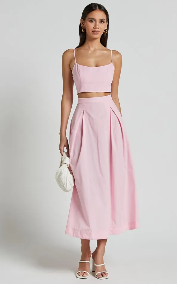 Showpo Rosalee Two Piece Set 8211 Strappy Crop Top And High Waisted A Line Midi Skirt Set In Pink Women Two Piece Sets and Coords Showpo Rosalee Two Piece Set 8211 Strappy Crop Top And High Waisted A Line Midi Skirt Set In Pink Women Two Piece Sets and Coords