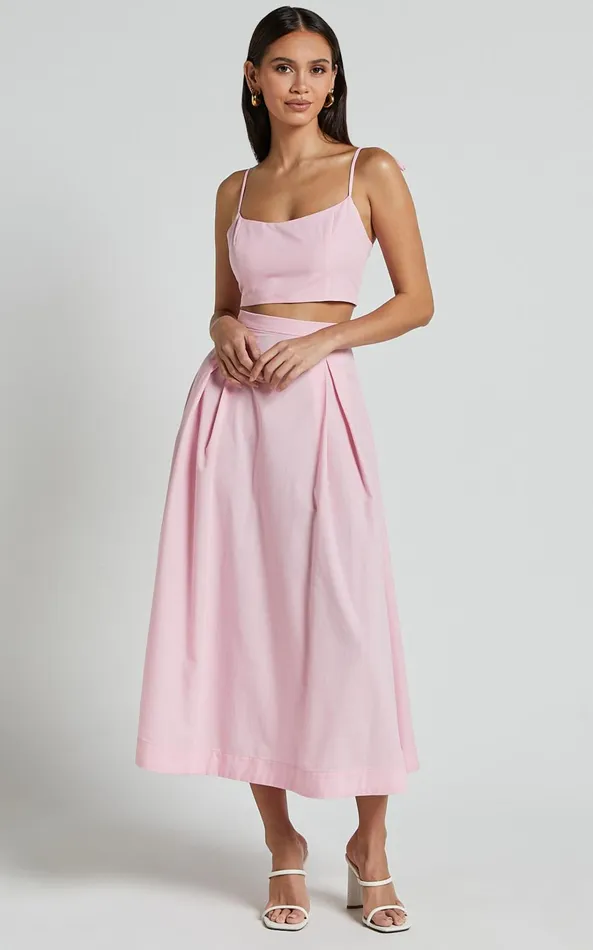 Showpo Rosalee Two Piece Set 8211 Strappy Crop Top And High Waisted A Line Midi Skirt Set In Pink Women Two Piece Sets and Coords