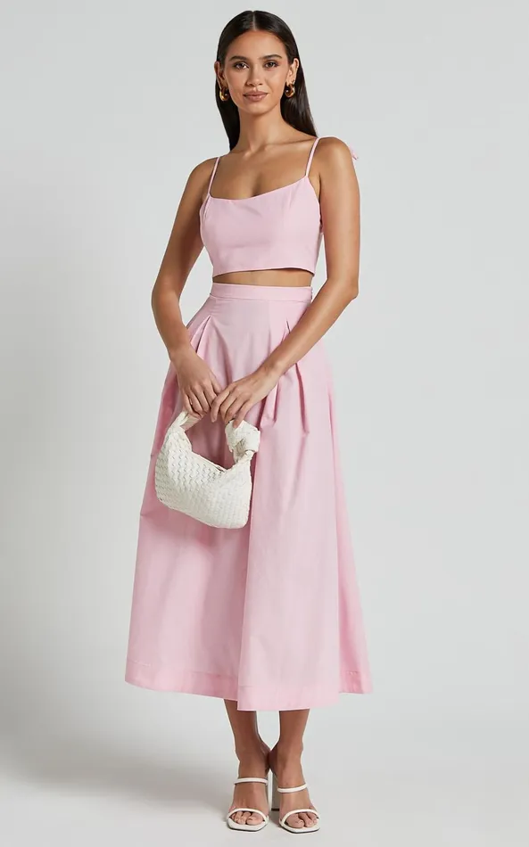Showpo Rosalee Two Piece Set 8211 Strappy Crop Top And High Waisted A Line Midi Skirt Set In Pink Women Two Piece Sets and Coords