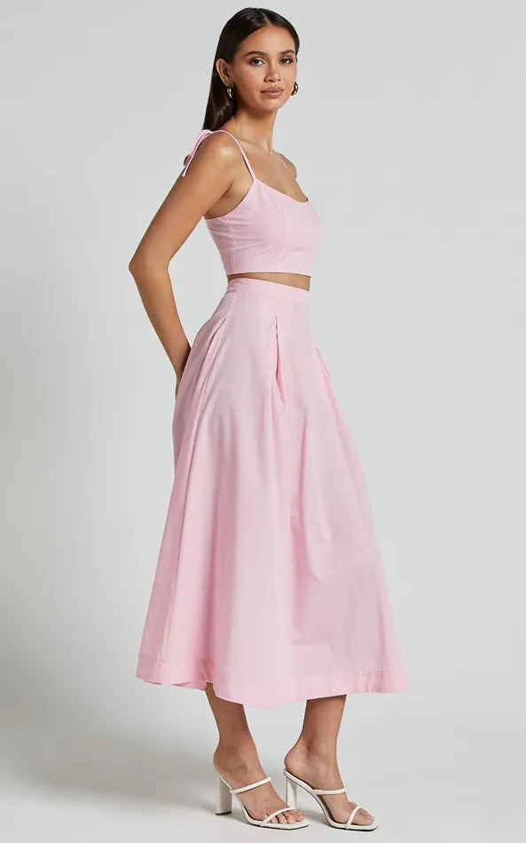 Showpo Rosalee Two Piece Set 8211 Strappy Crop Top And High Waisted A Line Midi Skirt Set In Pink Women Two Piece Sets and Coords