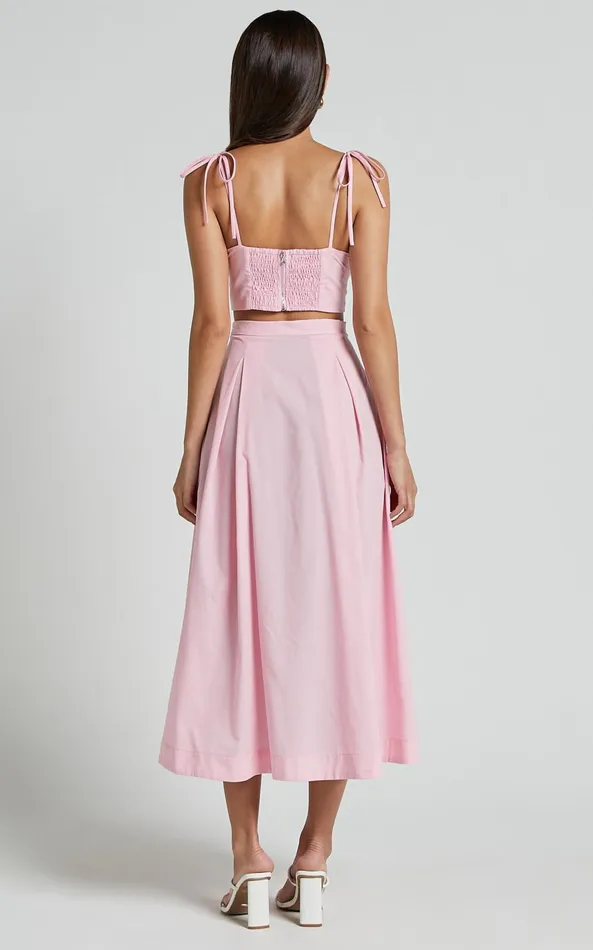 Showpo Rosalee Two Piece Set 8211 Strappy Crop Top And High Waisted A Line Midi Skirt Set In Pink Women Two Piece Sets and Coords