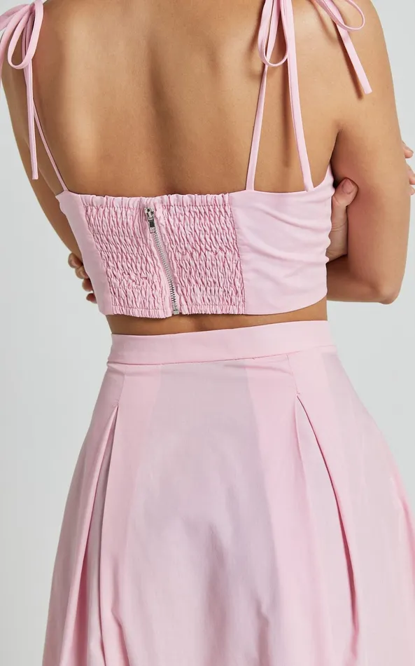Showpo Rosalee Two Piece Set 8211 Strappy Crop Top And High Waisted A Line Midi Skirt Set In Pink Women Two Piece Sets and Coords