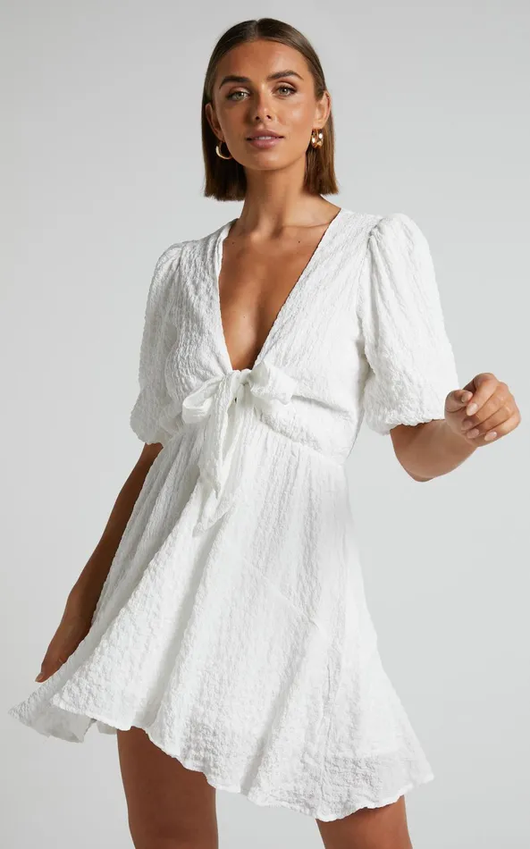 Showpo Rosalei Mini Dress 8211 Puff Sleeve Tie Front Dress In White Women Dresses Showpo Rosalei Mini Dress 8211 Puff Sleeve Tie Front Dress In White Women Dresses