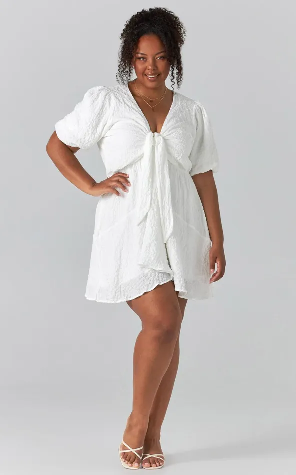 Showpo Rosalei Mini Dress 8211 Puff Sleeve Tie Front Dress In White Women Dresses