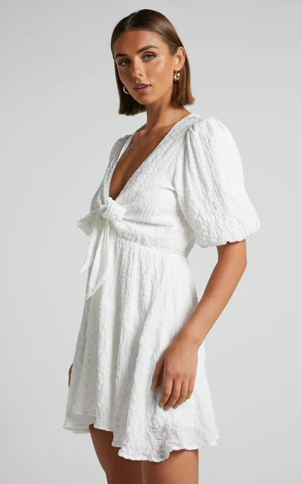 Showpo Rosalei Mini Dress 8211 Puff Sleeve Tie Front Dress In White Women Dresses