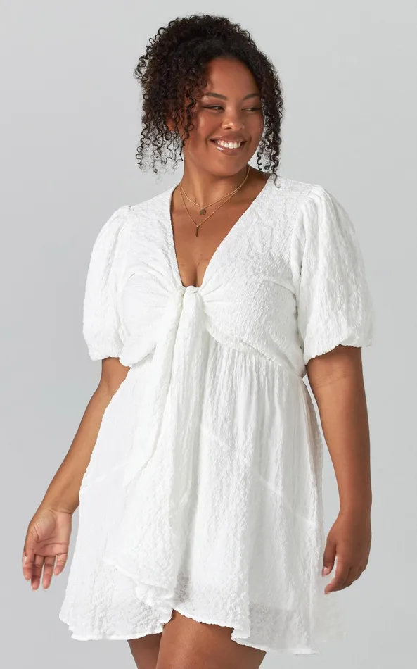 Showpo Rosalei Mini Dress 8211 Puff Sleeve Tie Front Dress In White Women Dresses