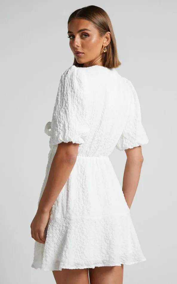 Showpo Rosalei Mini Dress 8211 Puff Sleeve Tie Front Dress In White Women Dresses