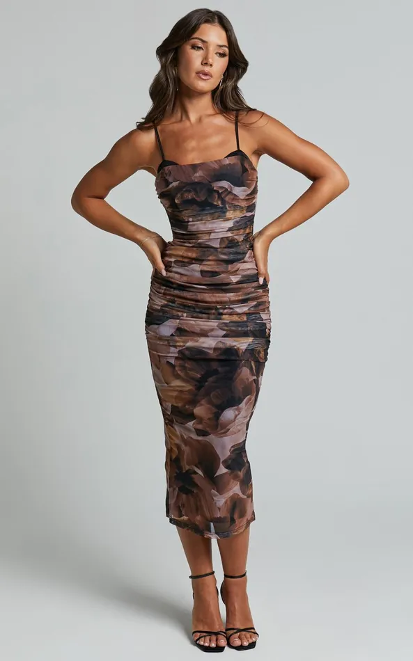 Showpo Rosalez Midi Dress 8211 Strappy Ruched Bodycon Dress In Ember Floral Women Dresses