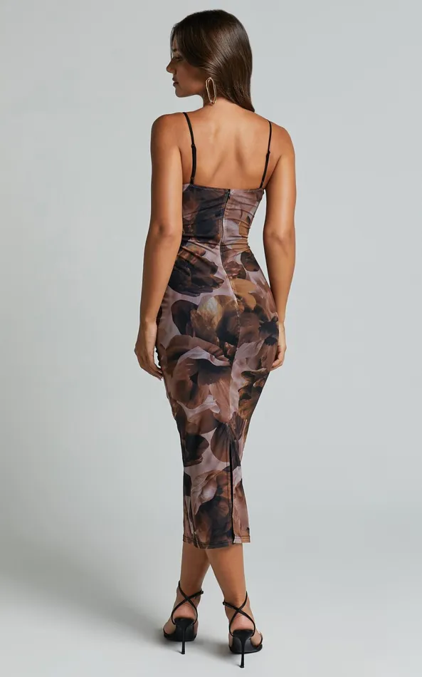 Showpo Rosalez Midi Dress 8211 Strappy Ruched Bodycon Dress In Ember Floral Women Dresses