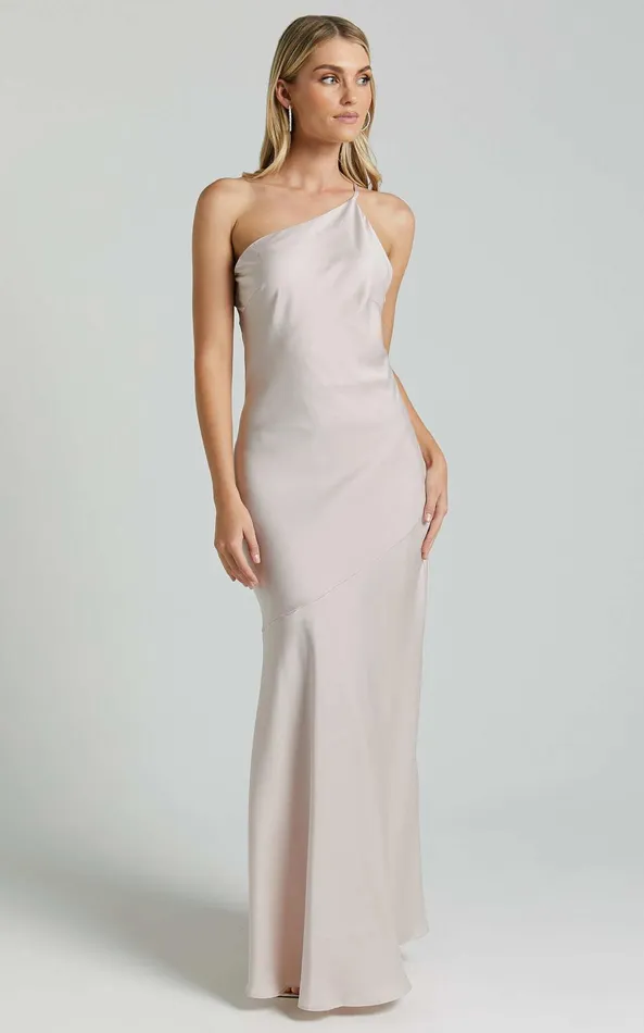 Showpo Rosalyn Maxi Dress 8211 Asymmetric One Shoulder Cross Back Slip In Ivory Women Dresses