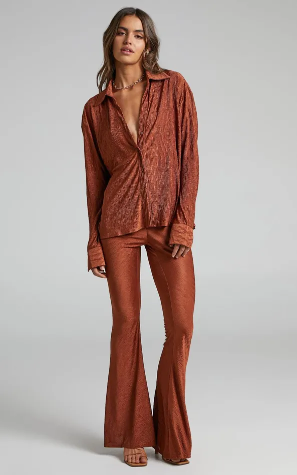 Showpo Rosamund 8211 High Waisted Crinkle Flared Pants In Clay Women Pants