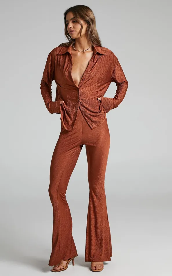 Showpo Rosamund 8211 High Waisted Crinkle Flared Pants In Clay Women Pants