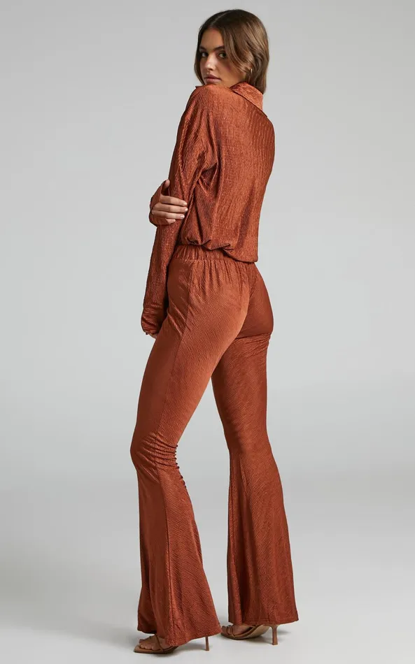 Showpo Rosamund 8211 High Waisted Crinkle Flared Pants In Clay Women Pants