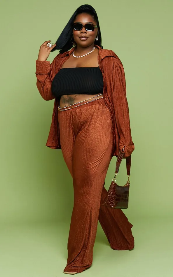 Showpo Rosamund 8211 High Waisted Crinkle Flared Pants In Clay Women Pants