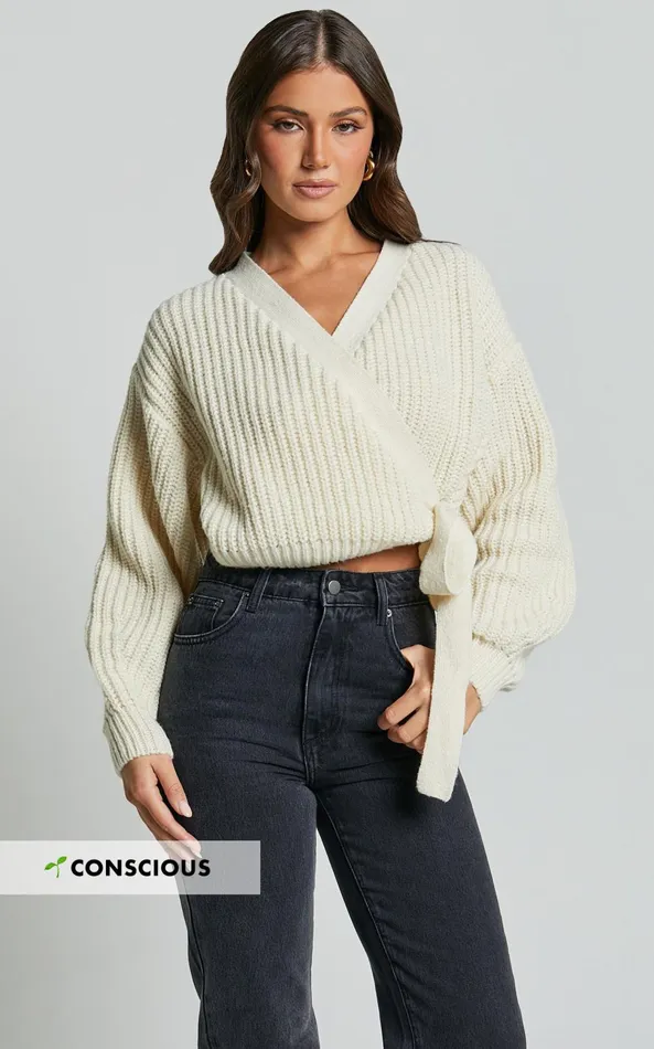 Showpo Rosanna Jumper 8211 Recycled Knitted V Neck Wrap Cardigan In Ivory Women Knitwear Showpo Rosanna Jumper 8211 Recycled Knitted V Neck Wrap Cardigan In Ivory Women Knitwear