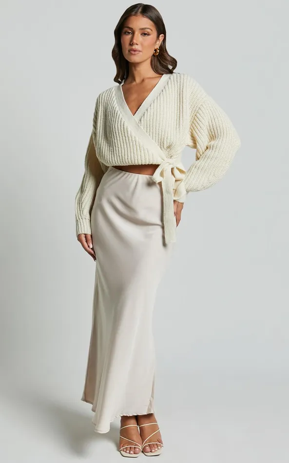 Showpo Rosanna Jumper 8211 Recycled Knitted V Neck Wrap Cardigan In Ivory Women Knitwear
