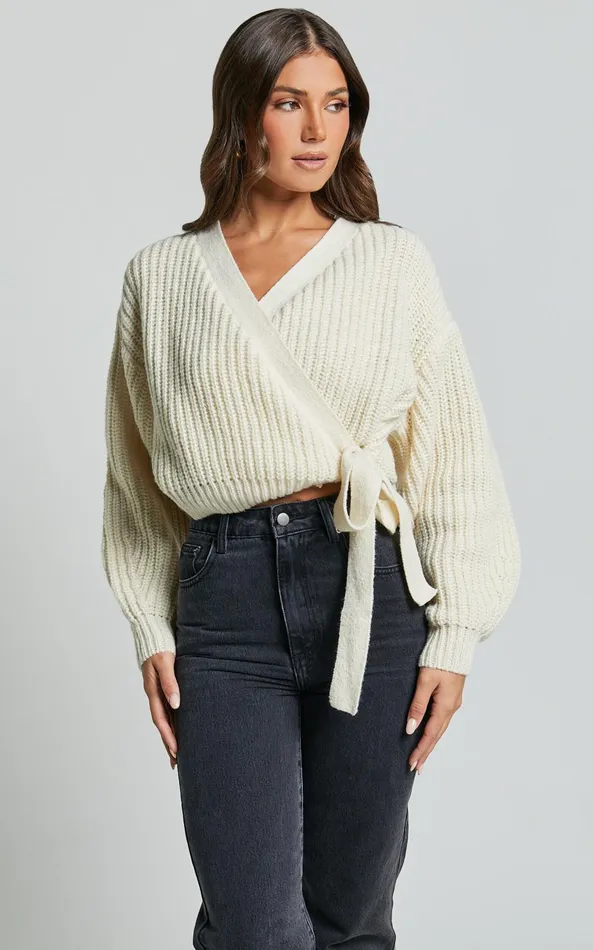 Showpo Rosanna Jumper 8211 Recycled Knitted V Neck Wrap Cardigan In Ivory Women Knitwear