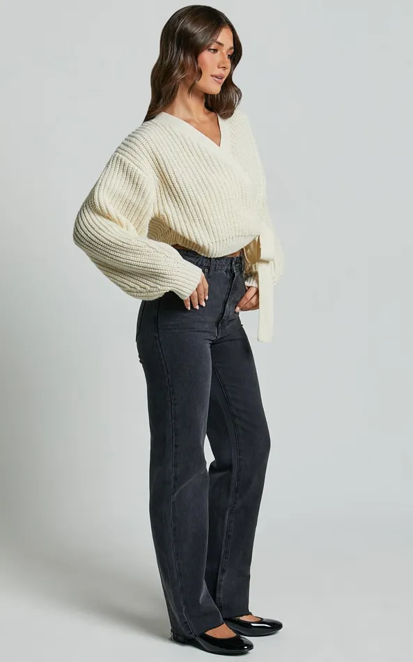 Showpo Rosanna Jumper 8211 Recycled Knitted V Neck Wrap Cardigan In Ivory Women Knitwear