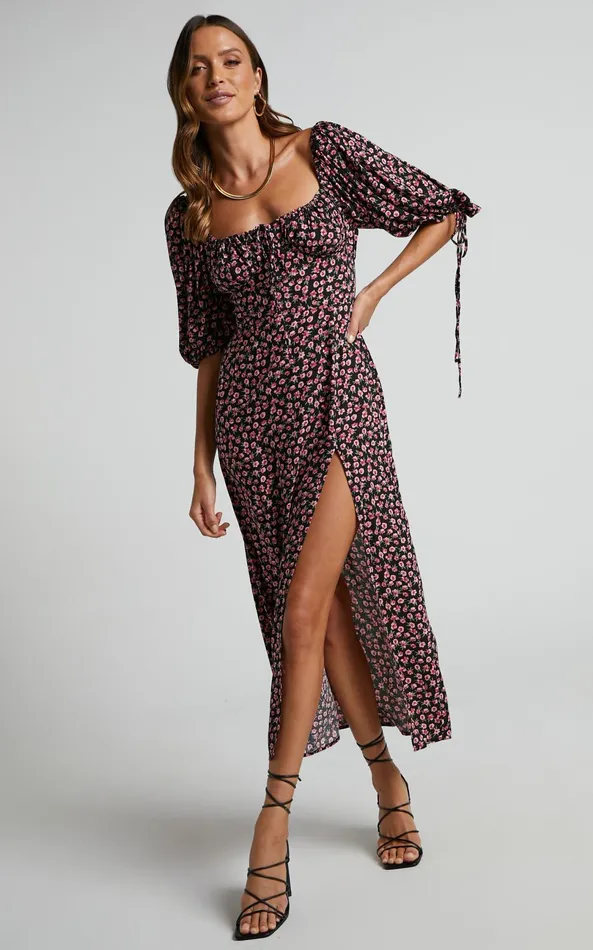 Showpo Rosario Midi Dress 8211 Ruched Bust Puff Sleeve Dress In Black Floral Women Curve Clothes Showpo Rosario Midi Dress 8211 Ruched Bust Puff Sleeve Dress In Black Floral Women Curve Clothes