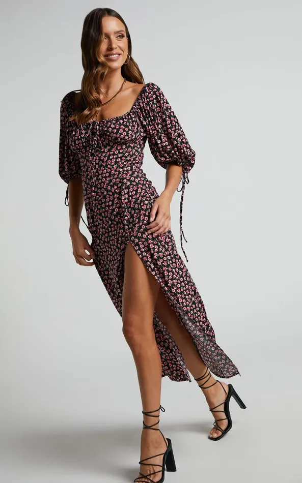 Showpo Rosario Midi Dress 8211 Ruched Bust Puff Sleeve Dress In Black Floral Women Curve Clothes