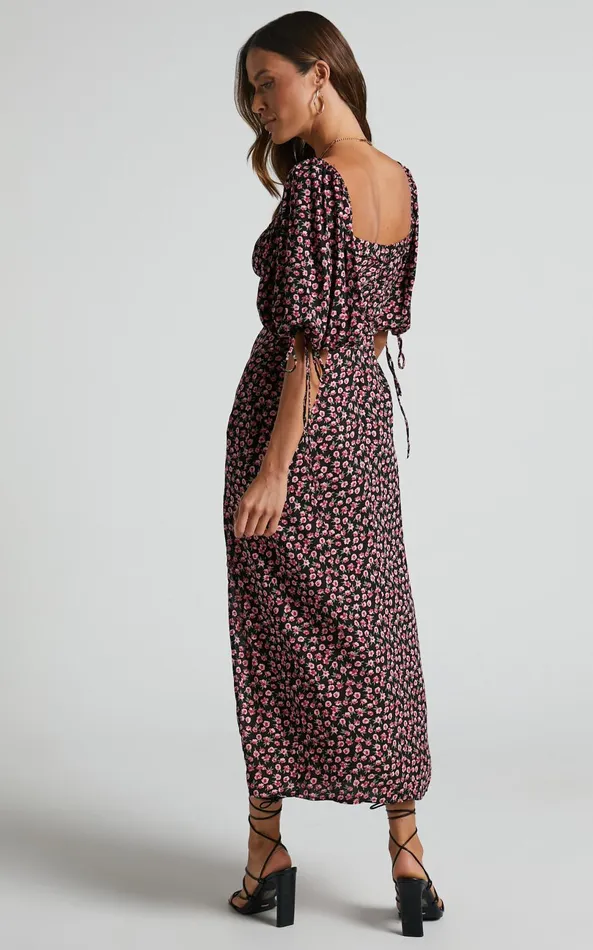 Showpo Rosario Midi Dress 8211 Ruched Bust Puff Sleeve Dress In Black Floral Women Curve Clothes