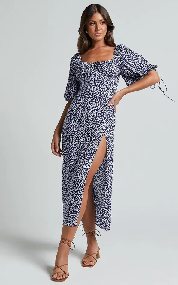 Showpo Rosario Midi Dress 8211 Ruched Bust Puff Sleeve Dress In Blue Floral Women Curve Clothes