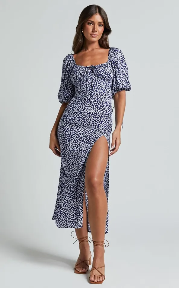 Showpo Rosario Midi Dress 8211 Ruched Bust Puff Sleeve Dress In Blue Floral Women Curve Clothes