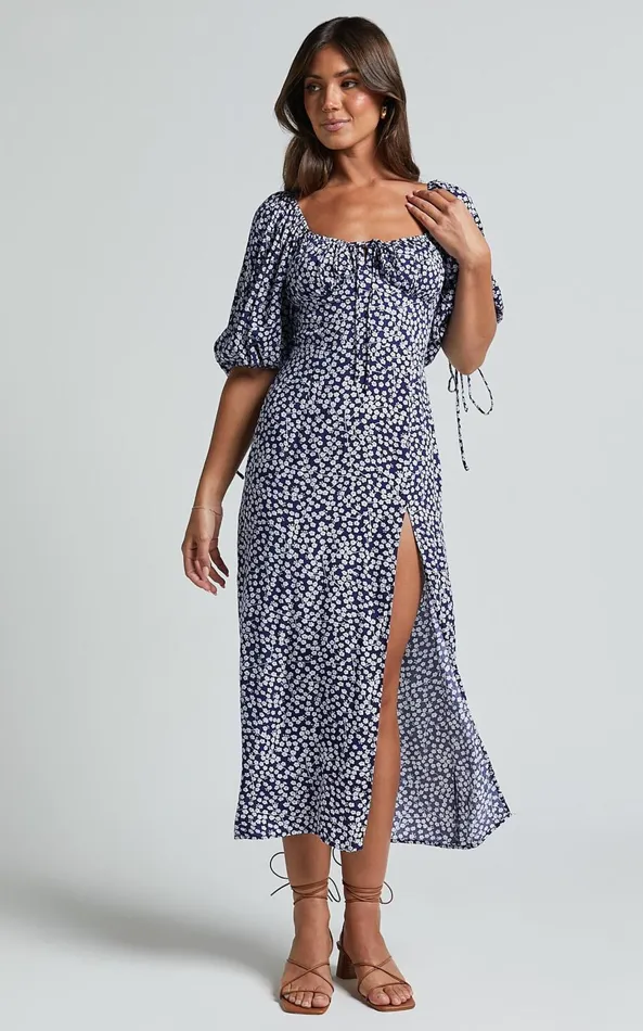 Showpo Rosario Midi Dress 8211 Ruched Bust Puff Sleeve Dress In Blue Floral Women Curve Clothes