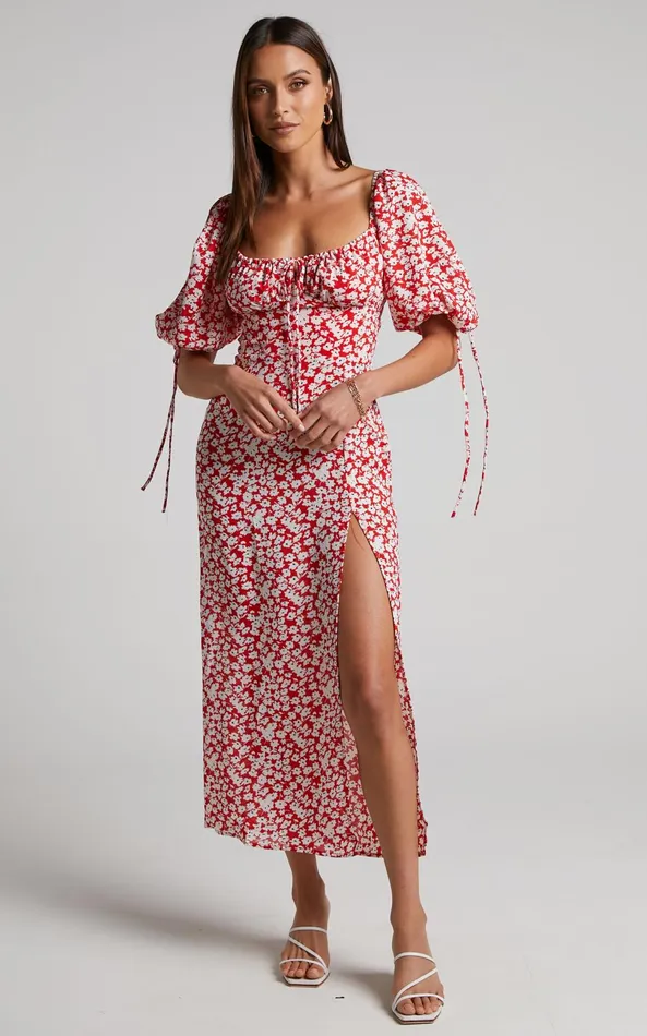 Showpo Rosario Midi Dress 8211 Ruched Bust Puff Sleeve Dress In Red Ditsy Floral Women Curve Clothes Showpo Rosario Midi Dress 8211 Ruched Bust Puff Sleeve Dress In Red Ditsy Floral Women Curve Clothes