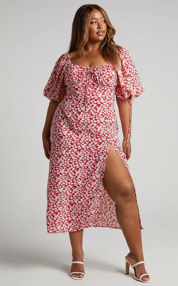 Showpo Rosario Midi Dress 8211 Ruched Bust Puff Sleeve Dress In Red Ditsy Floral Women Curve Clothes