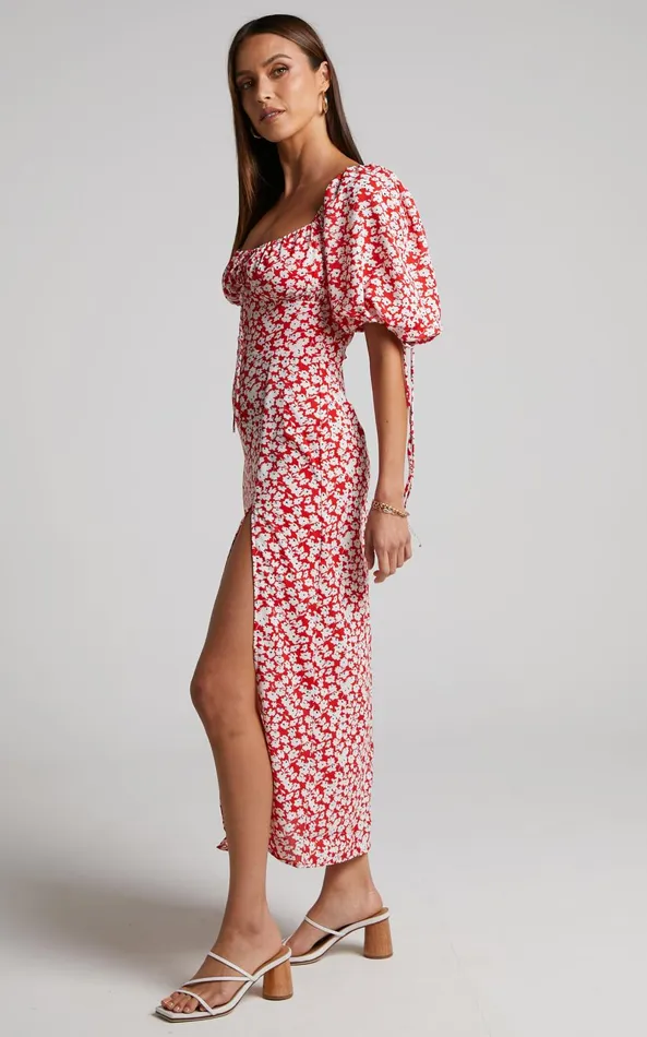 Showpo Rosario Midi Dress 8211 Ruched Bust Puff Sleeve Dress In Red Ditsy Floral Women Curve Clothes