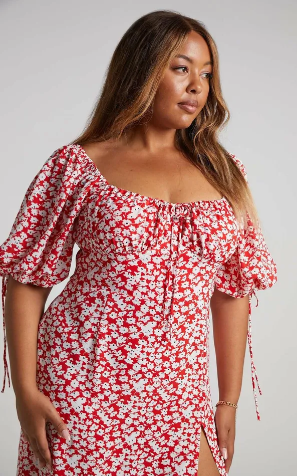 Showpo Rosario Midi Dress 8211 Ruched Bust Puff Sleeve Dress In Red Ditsy Floral Women Curve Clothes