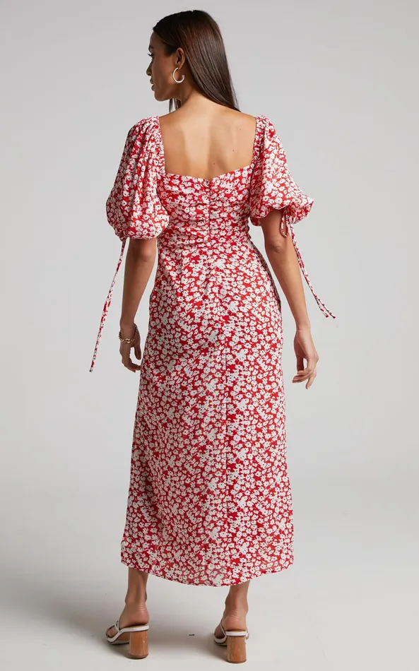 Showpo Rosario Midi Dress 8211 Ruched Bust Puff Sleeve Dress In Red Ditsy Floral Women Curve Clothes
