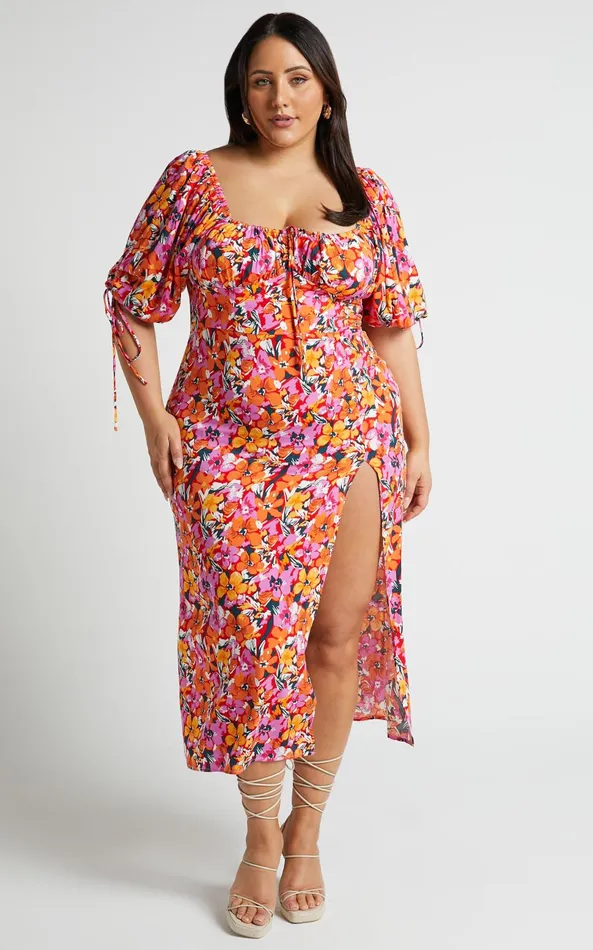 Showpo Rosario Midi Dress 8211 Ruched Bust Puff Sleeve Dress In Spring Floral Women Dresses