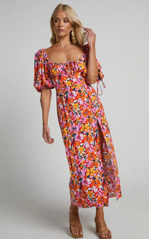 Showpo Rosario Midi Dress 8211 Ruched Bust Puff Sleeve Dress In Spring Floral Women Dresses