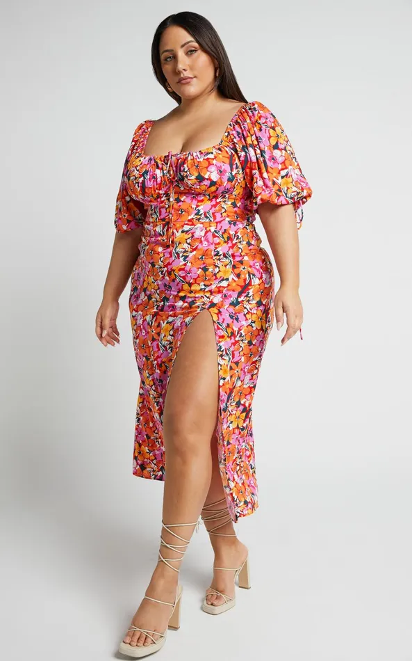 Showpo Rosario Midi Dress 8211 Ruched Bust Puff Sleeve Dress In Spring Floral Women Dresses