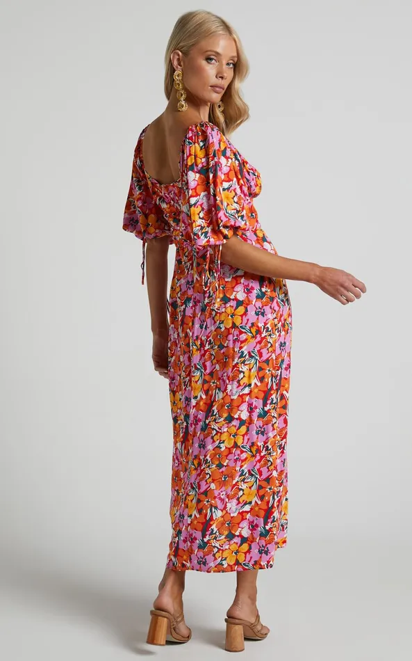 Showpo Rosario Midi Dress 8211 Ruched Bust Puff Sleeve Dress In Spring Floral Women Dresses