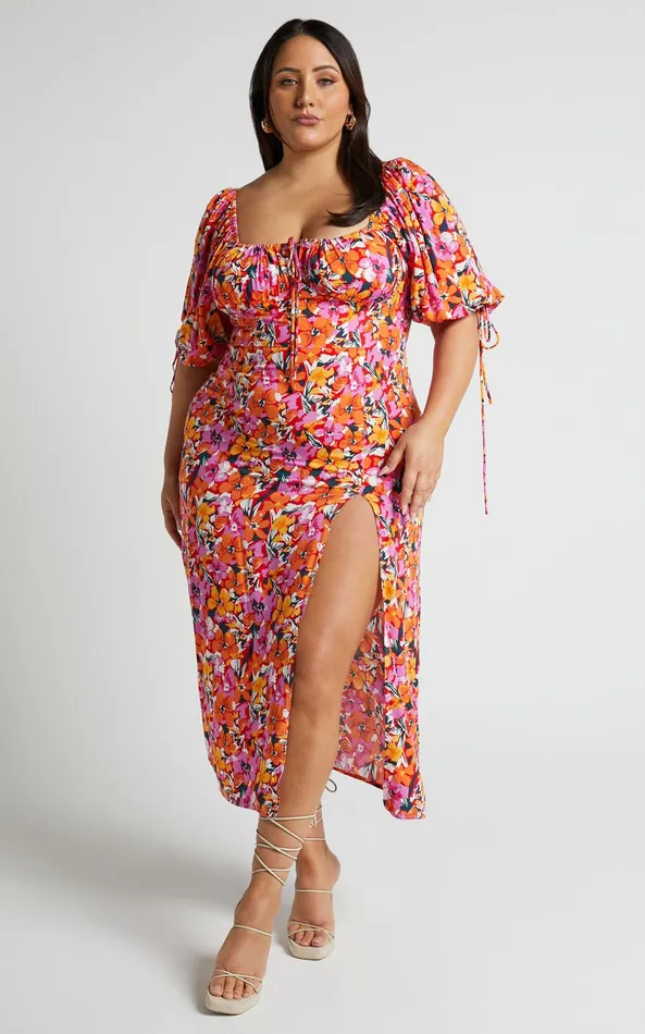 Showpo Rosario Midi Dress 8211 Ruched Bust Puff Sleeve Dress In Spring Floral Women Dresses
