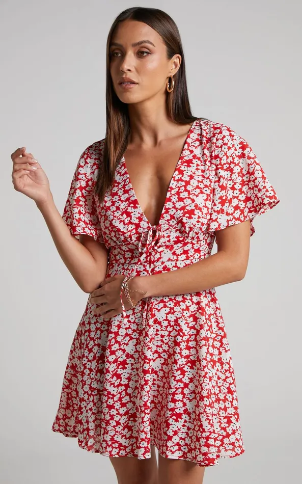 Showpo Rosario Mini Dress 8211 Flutter Sleeve V Neck Dress In Red Ditsy Floral Women Curve Clothes Showpo Rosario Mini Dress 8211 Flutter Sleeve V Neck Dress In Red Ditsy Floral Women Curve Clothes