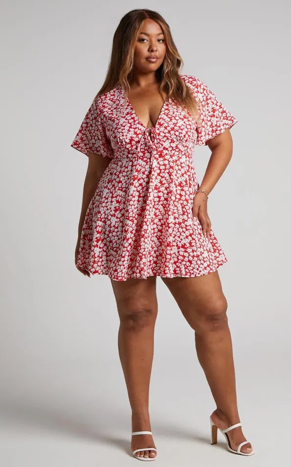 Showpo Rosario Mini Dress 8211 Flutter Sleeve V Neck Dress In Red Ditsy Floral Women Curve Clothes