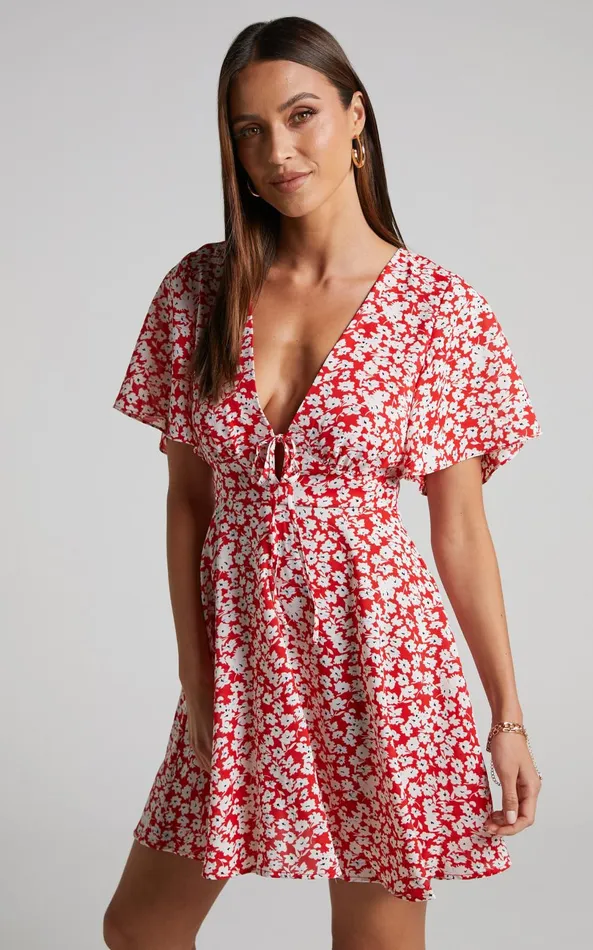Showpo Rosario Mini Dress 8211 Flutter Sleeve V Neck Dress In Red Ditsy Floral Women Curve Clothes