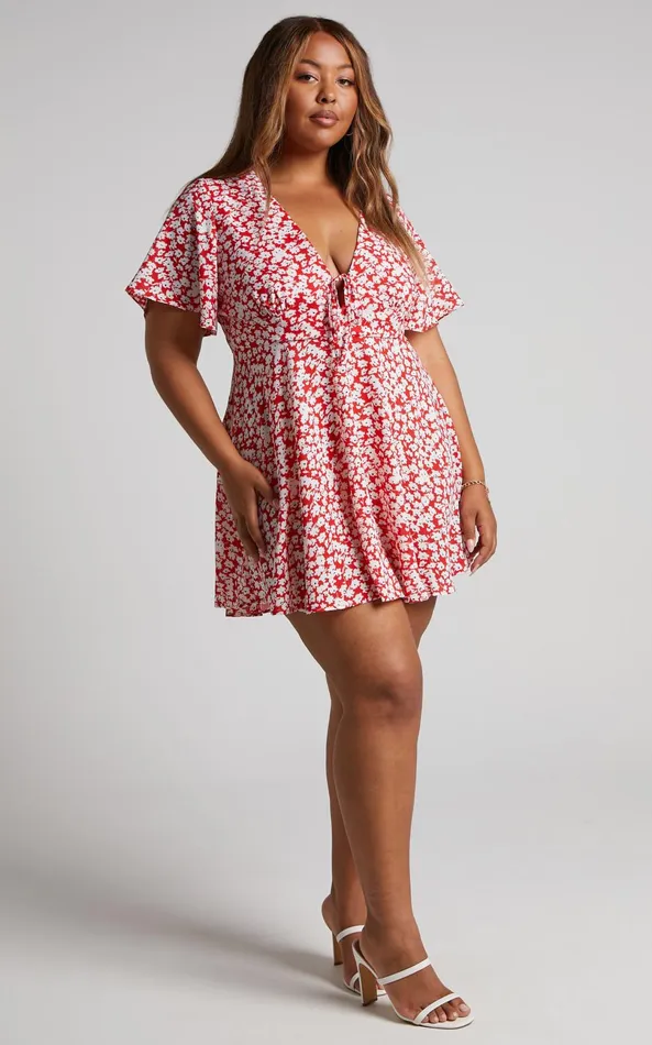 Showpo Rosario Mini Dress 8211 Flutter Sleeve V Neck Dress In Red Ditsy Floral Women Curve Clothes